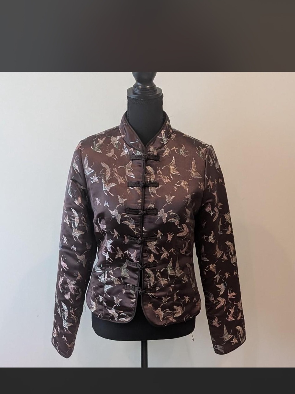 Old Navy Brown Satin Mandarin Collar Blazer with Crane Print